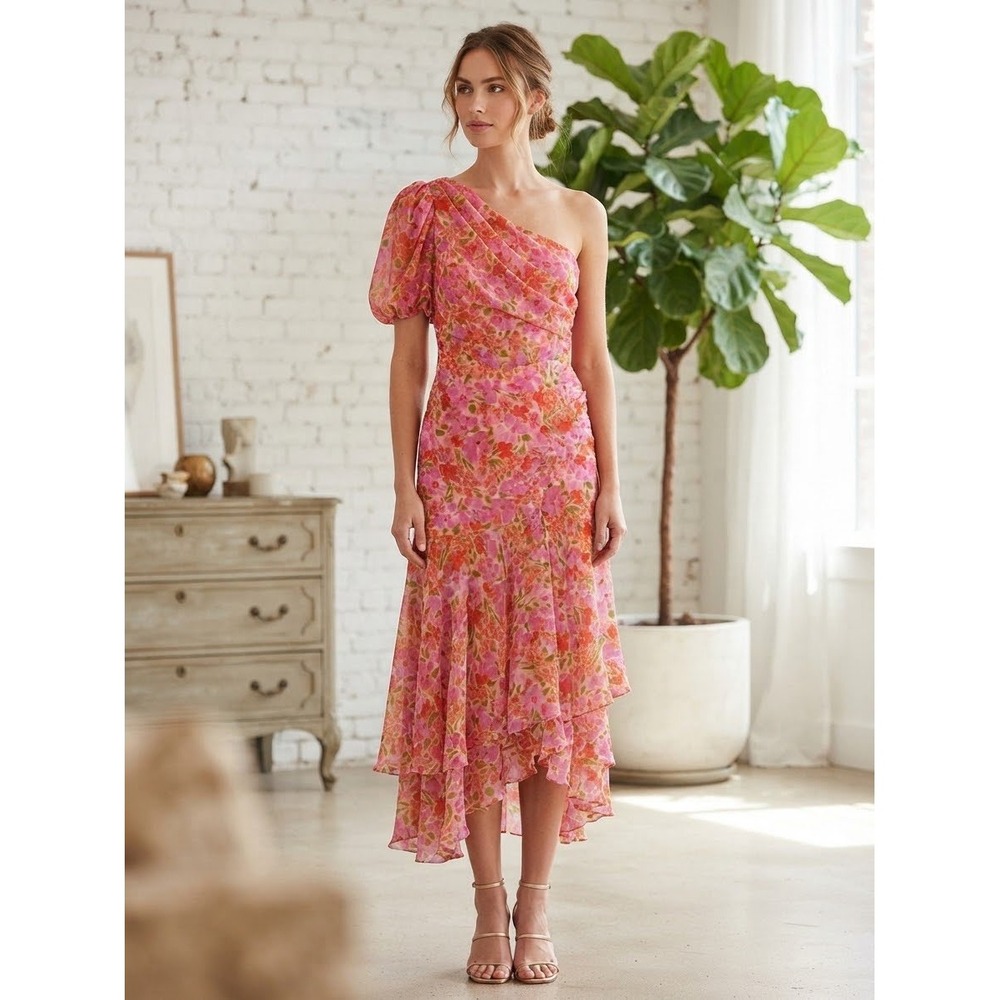 ASTR the Label Pink Floral One Shoulder Ruffle High Low Midi Dress XS